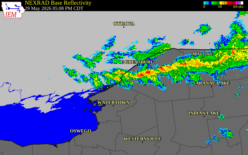 NEXRAD radar during the Friday, May 29, 2026 storm activity in St. Lawrence County, New York