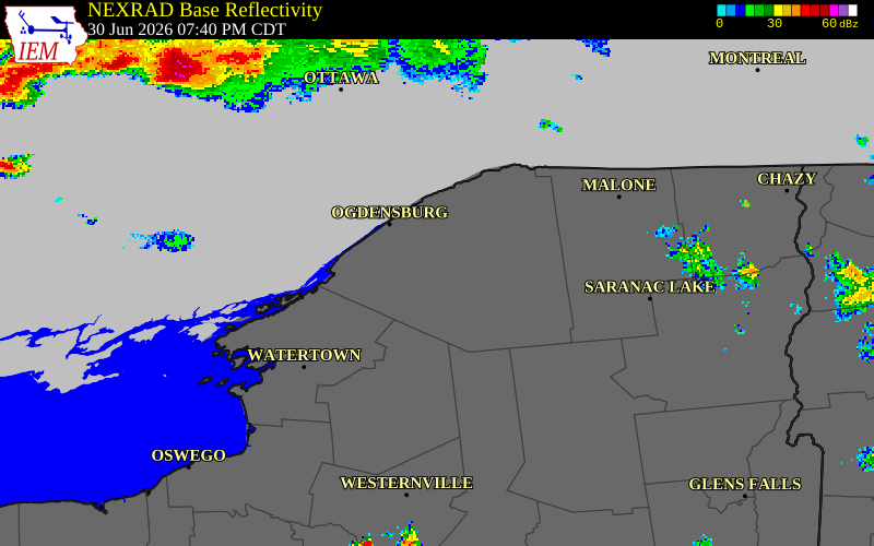NEXRAD radar during the Tuesday, June 30, 2026 storm activity in St. Lawrence County, New York