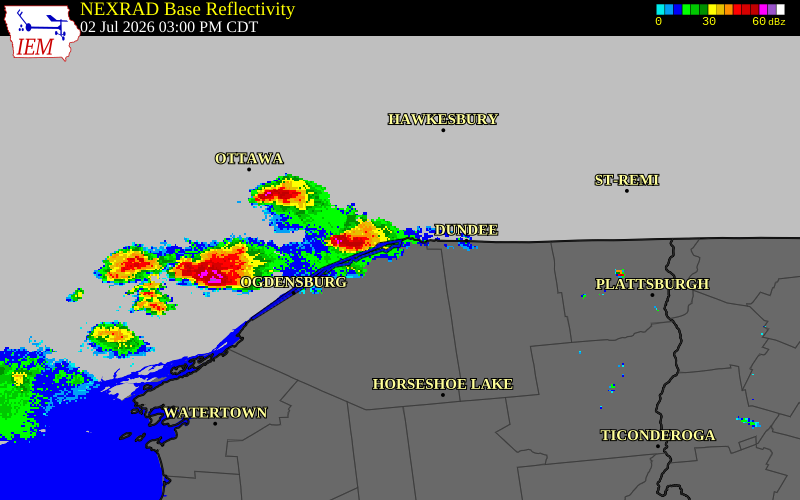 NEXRAD radar during the Thursday, July 2, 2026 storm activity in St. Lawrence County, New York