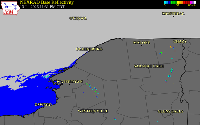NEXRAD radar during the Tuesday, July 14, 2026 storm activity in St. Lawrence County, New York