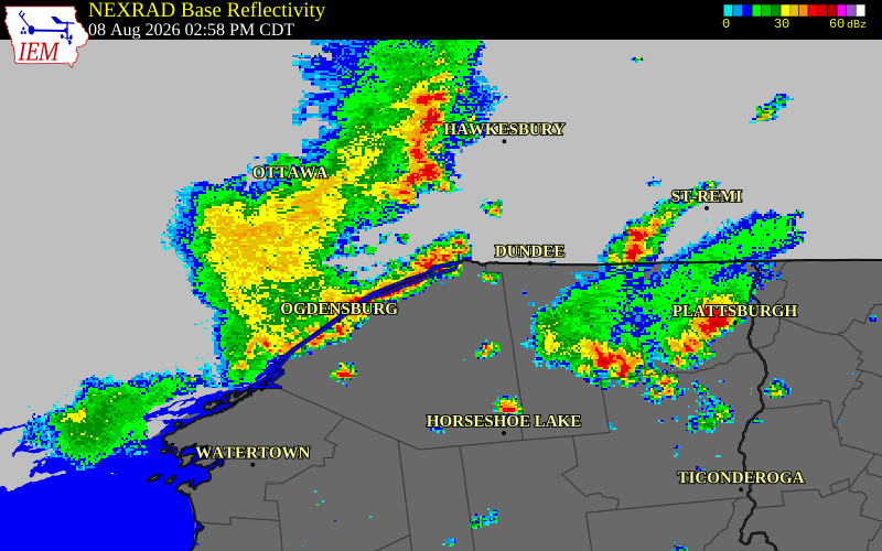 NEXRAD radar during the Saturday, August 8, 2026 storm activity in St. Lawrence County, New York