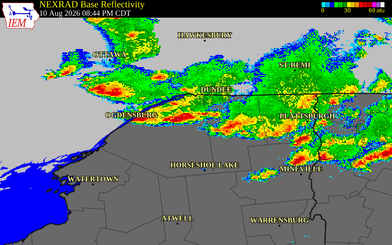 NEXRAD radar during the Monday, August 10, 2026 storm activity in St. Lawrence County, New York