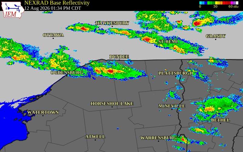 NEXRAD radar during the Wednesday, August 12, 2026 storm activity in St. Lawrence County, New York