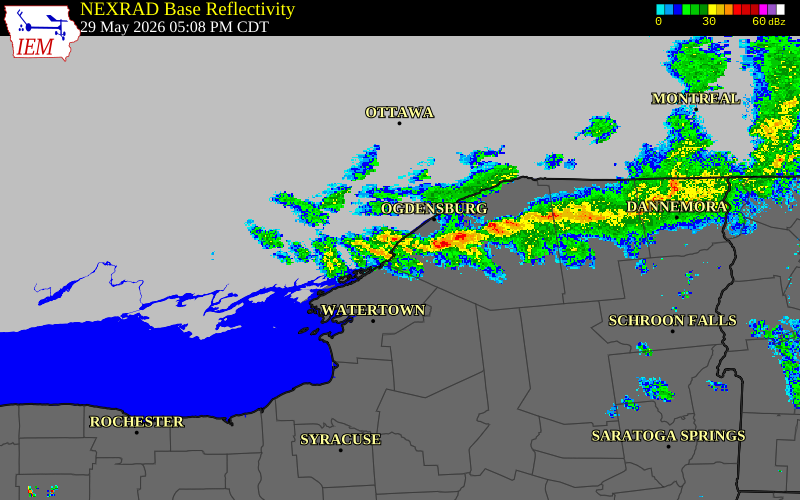 Radar snapshot during the May 29, 2026 tornado event near 1 NE North Hammond, St. Lawrence County, New York, with NWS warning polygons