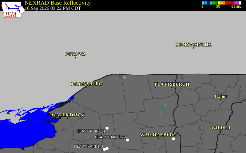 Current NEXRAD radar over St. Lawrence County, New York with recent storm report locations
