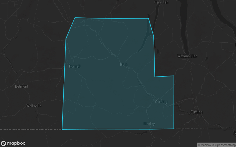Map of Steuben County, New York showing the county boundary and surrounding cities