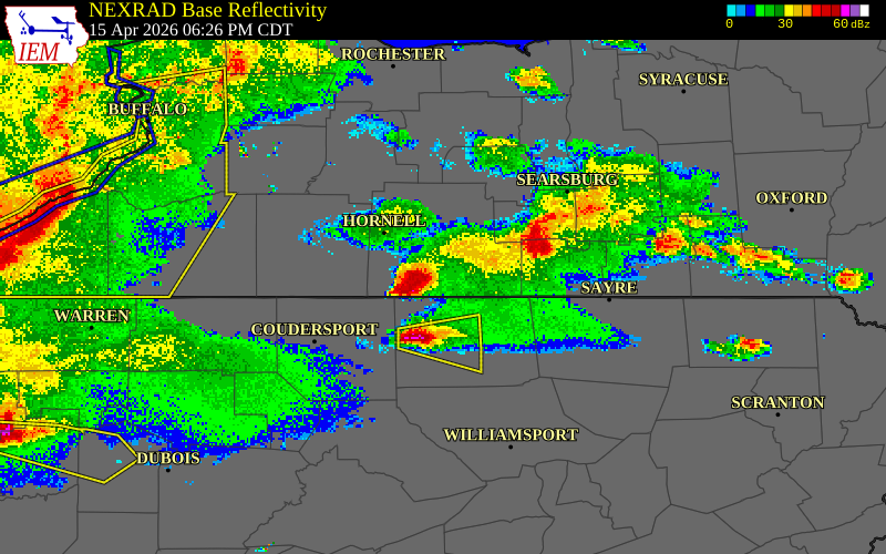 NEXRAD radar during the Wednesday, April 15, 2026 storm activity in Steuben County, New York