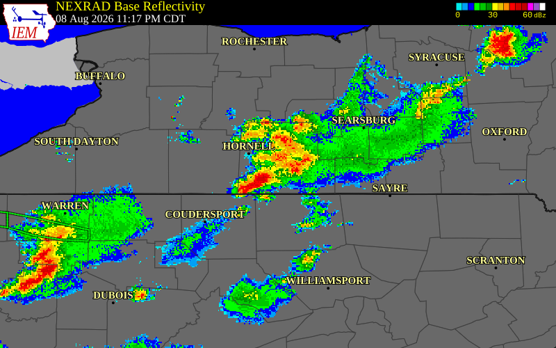 NEXRAD radar during the Sunday, August 9, 2026 storm activity in Steuben County, New York