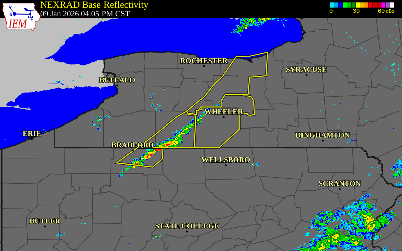 Radar snapshot during the Jan 9, 2026 wind event near Hornell, Steuben County, New York, with NWS warning polygons