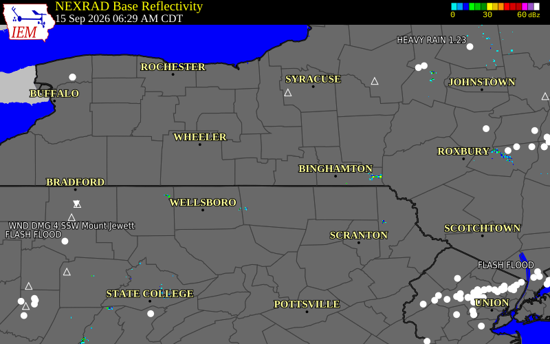 Current NEXRAD radar over Steuben County, New York with recent storm report locations
