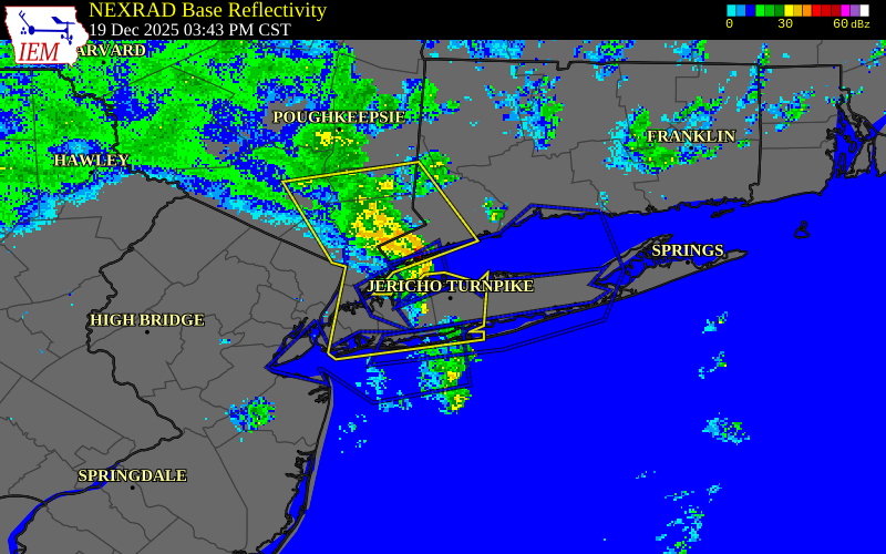 NEXRAD radar during the Friday, December 19, 2025 storm activity in Suffolk County, New York