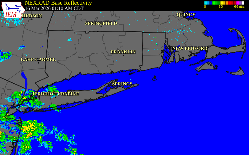 NEXRAD radar during the Monday, March 16, 2026 storm activity in Suffolk County, New York