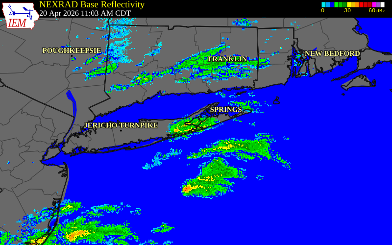 NEXRAD radar during the Monday, April 20, 2026 storm activity in Suffolk County, New York
