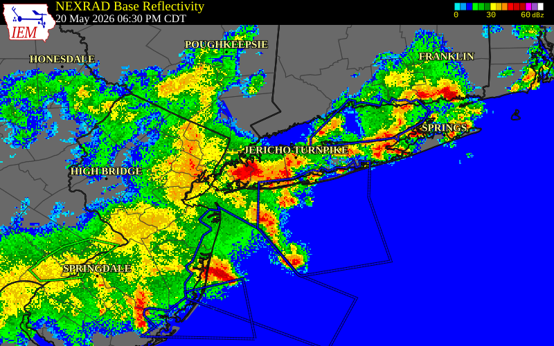 NEXRAD radar during the Wednesday, May 20, 2026 storm activity in Suffolk County, New York