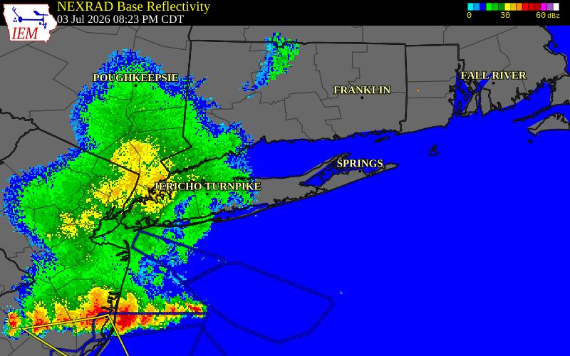 NEXRAD radar during the Friday, July 3, 2026 storm activity in Suffolk County, New York