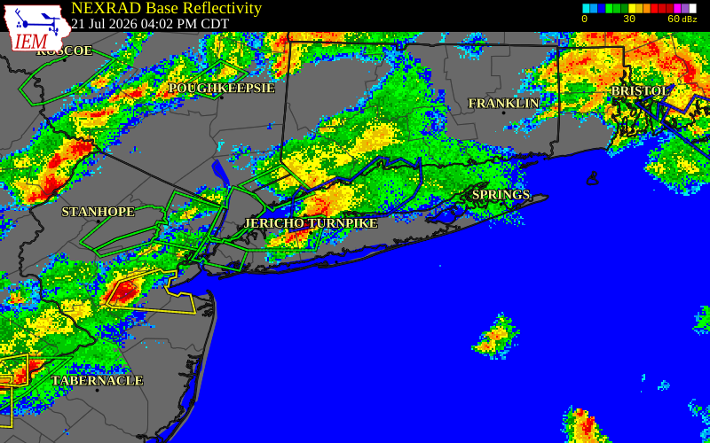 NEXRAD radar during the Tuesday, July 21, 2026 storm activity in Suffolk County, New York