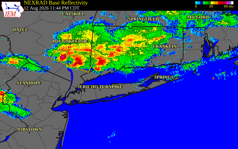 NEXRAD radar during the Thursday, August 13, 2026 storm activity in Suffolk County, New York