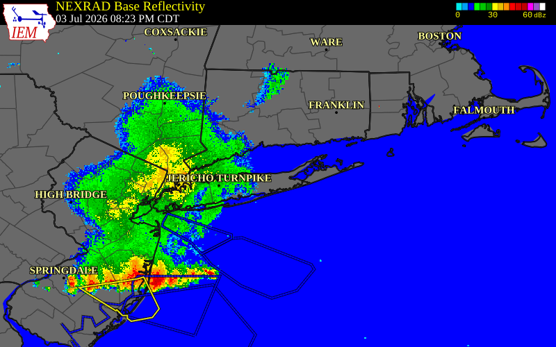 Radar snapshot during the Jul 3, 2026 wind event near Baiting Hollow, Suffolk County, New York, with NWS warning polygons