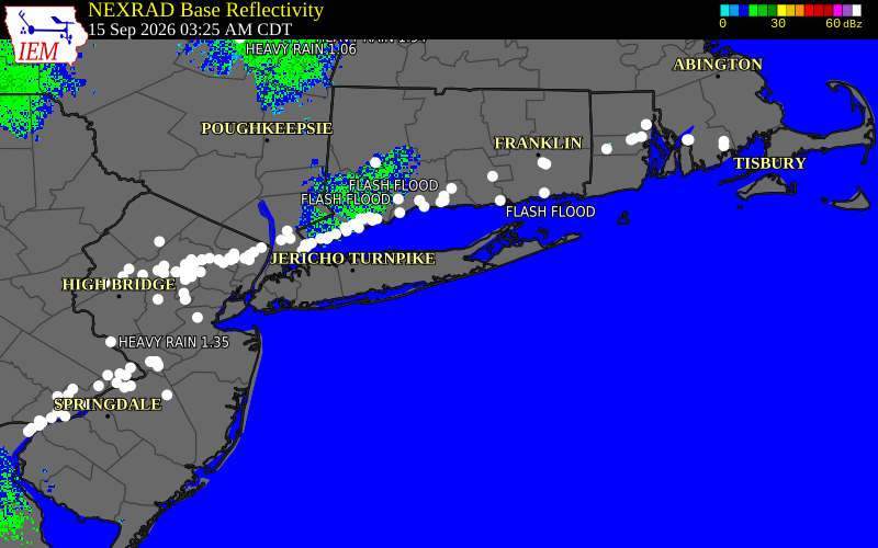 Current NEXRAD radar over Suffolk County, New York with recent storm report locations