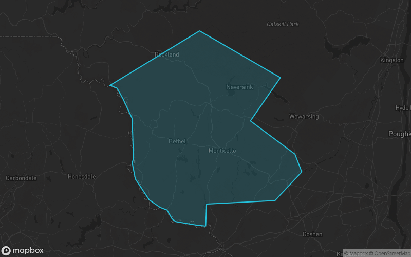 Map of Sullivan County, New York showing the county boundary and surrounding cities