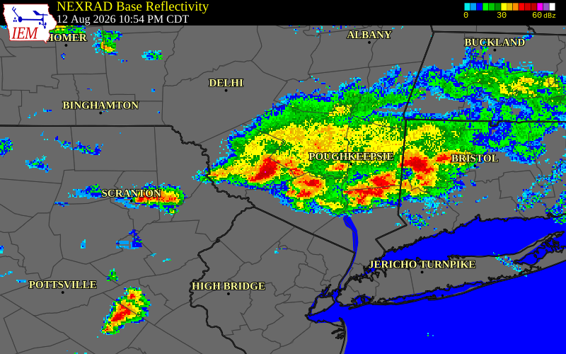 NEXRAD radar during the Wednesday, August 12, 2026 storm activity in Sullivan County, New York