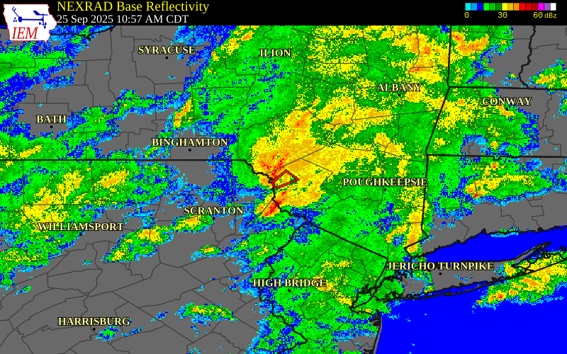 Radar snapshot during the Sep 25, 2025 tornado event near 1 SE Callicoon Center, Sullivan County, New York, with NWS warning polygons