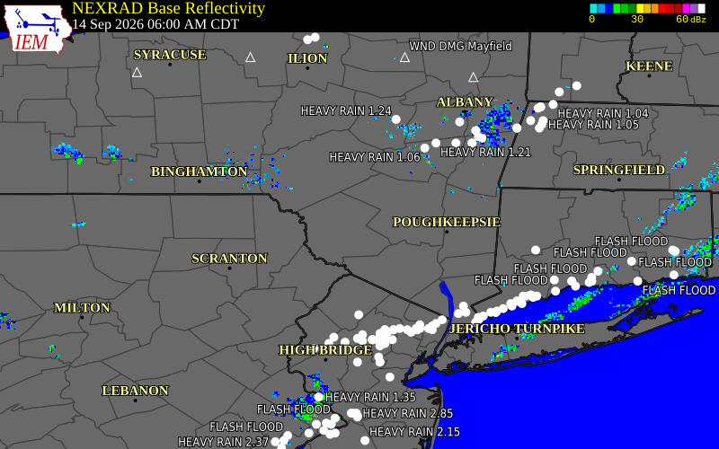 Current NEXRAD radar over Sullivan County, New York with recent storm report locations