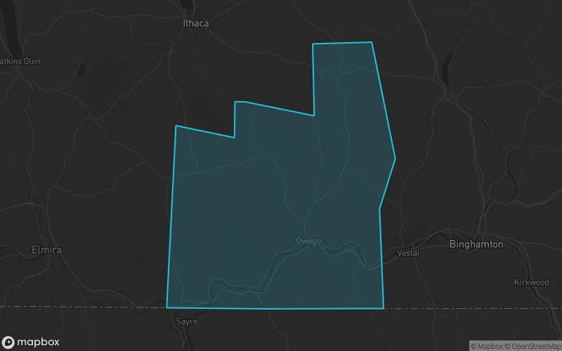Map of Tioga County, New York showing the county boundary and surrounding cities