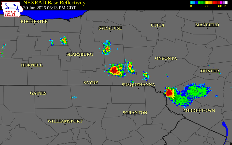 NEXRAD radar during the Tuesday, June 30, 2026 storm activity in Tioga County, New York