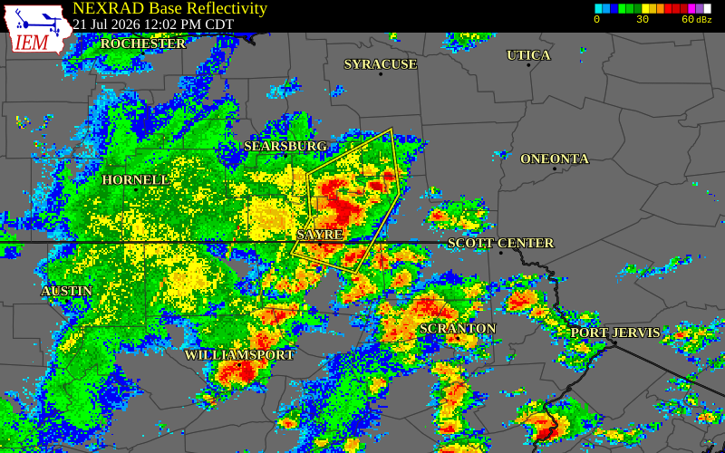 NEXRAD radar during the Tuesday, July 21, 2026 storm activity in Tioga County, New York