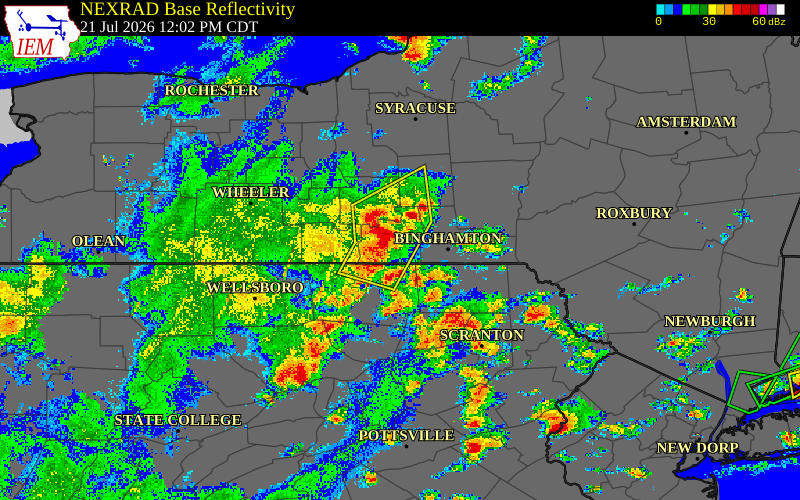 Radar snapshot during the Jul 21, 2026 wind event near Owego, Tioga County, New York, with NWS warning polygons