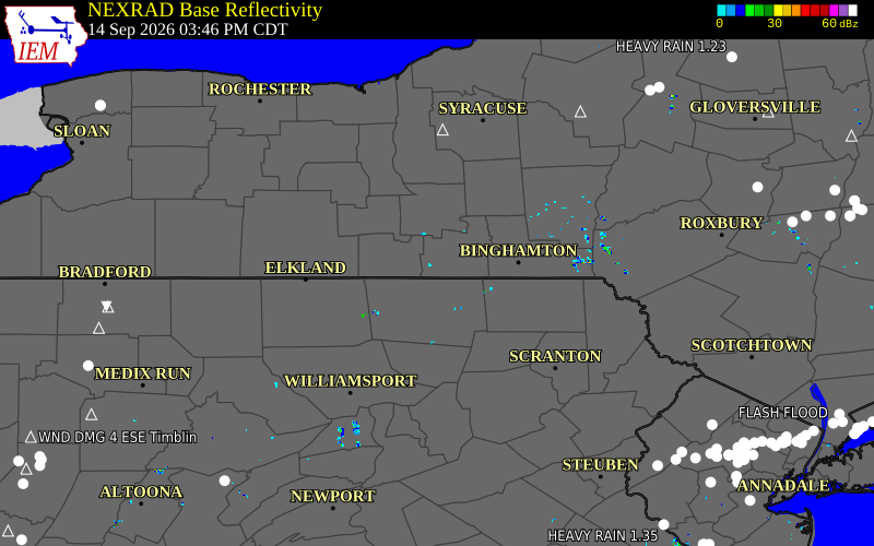 Current NEXRAD radar over Tioga County, New York with recent storm report locations