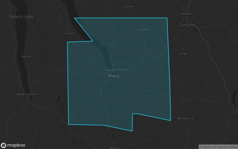 Map of Tompkins County, New York showing the county boundary and surrounding cities