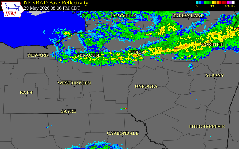 NEXRAD radar during the Friday, May 29, 2026 storm activity in Tompkins County, New York