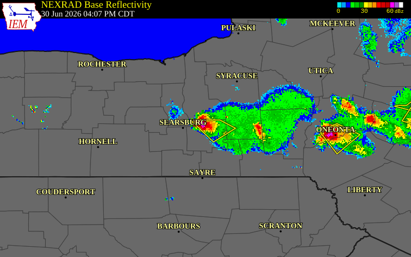 NEXRAD radar during the Tuesday, June 30, 2026 storm activity in Tompkins County, New York