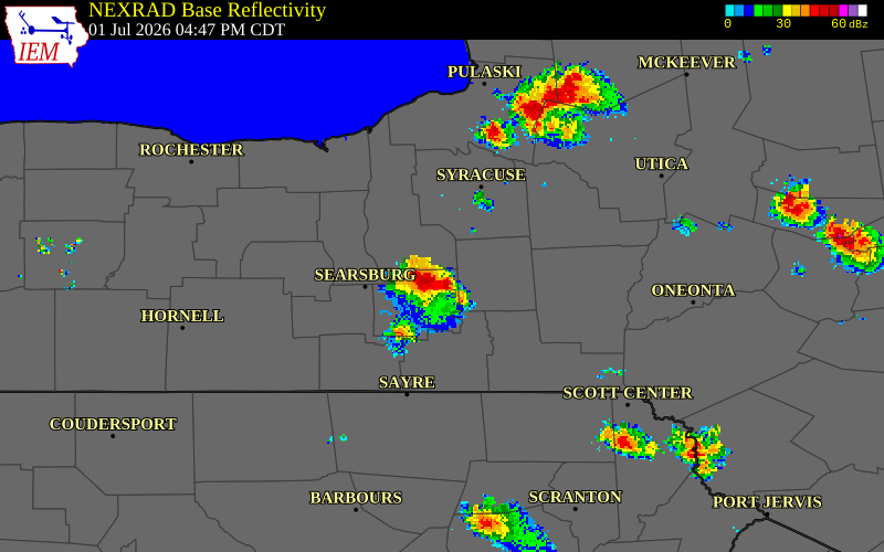 NEXRAD radar during the Wednesday, July 1, 2026 storm activity in Tompkins County, New York