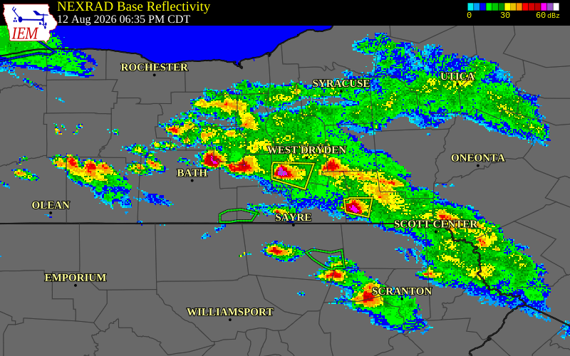 NEXRAD radar during the Wednesday, August 12, 2026 storm activity in Tompkins County, New York