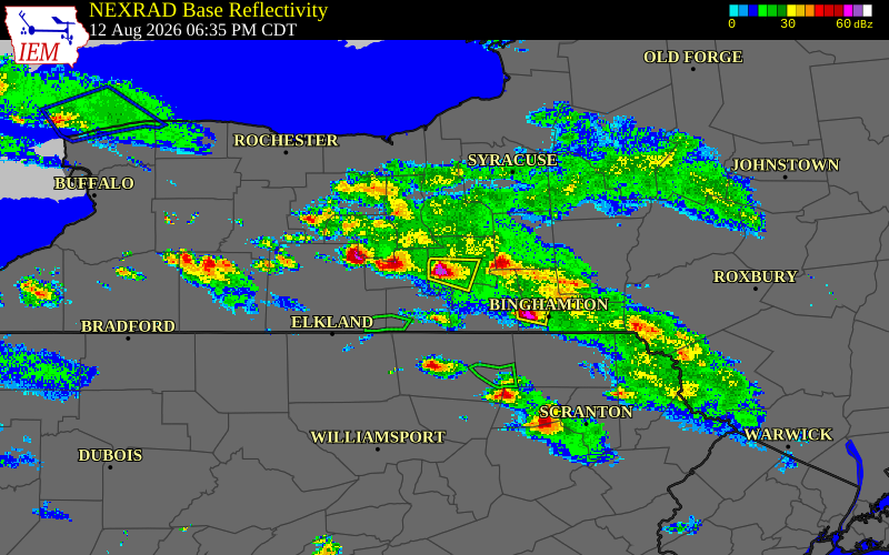 Radar snapshot during the Aug 12, 2026 hail event near Newfield, Tompkins County, New York, with NWS warning polygons