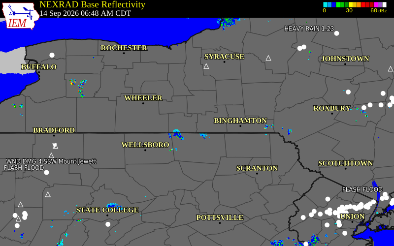Current NEXRAD radar over Tompkins County, New York with recent storm report locations