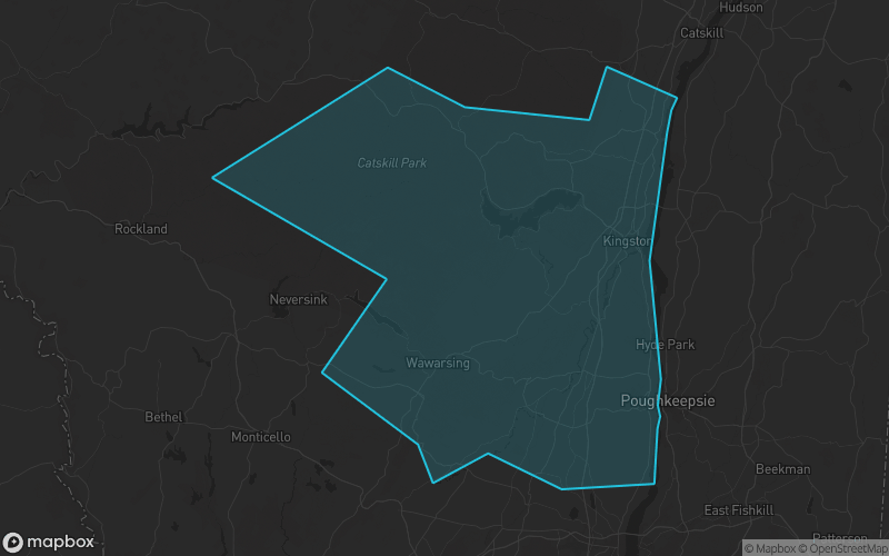 Map of Ulster County, New York showing the county boundary and surrounding cities