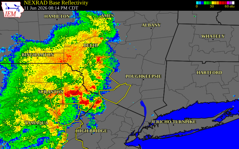 NEXRAD radar during the Thursday, June 11, 2026 storm activity in Ulster County, New York