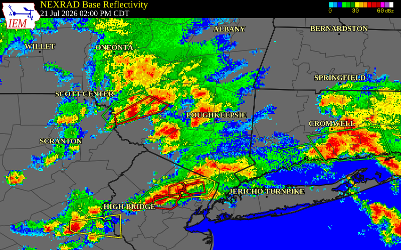 NEXRAD radar during the Tuesday, July 21, 2026 storm activity in Ulster County, New York