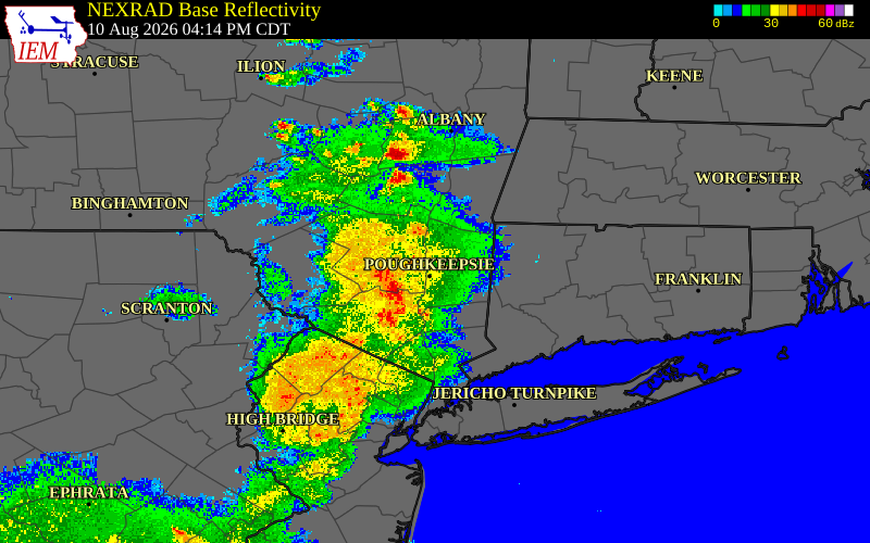 Radar snapshot during the Aug 10, 2026 wind event near Ulster County, Ulster County, New York, with NWS warning polygons