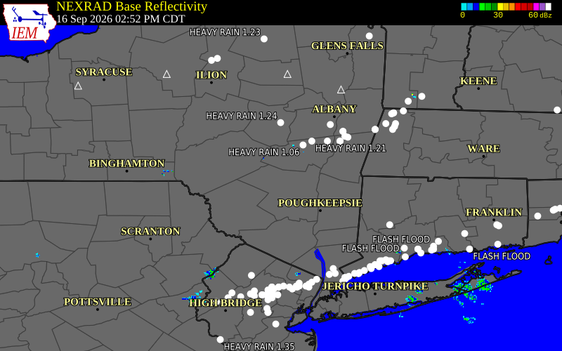 Current NEXRAD radar over Ulster County, New York with recent storm report locations