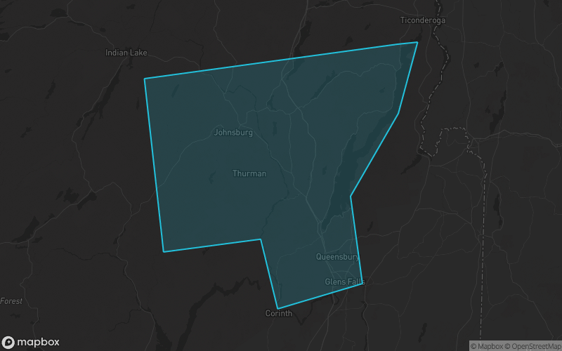Map of Warren County, New York showing the county boundary and surrounding cities