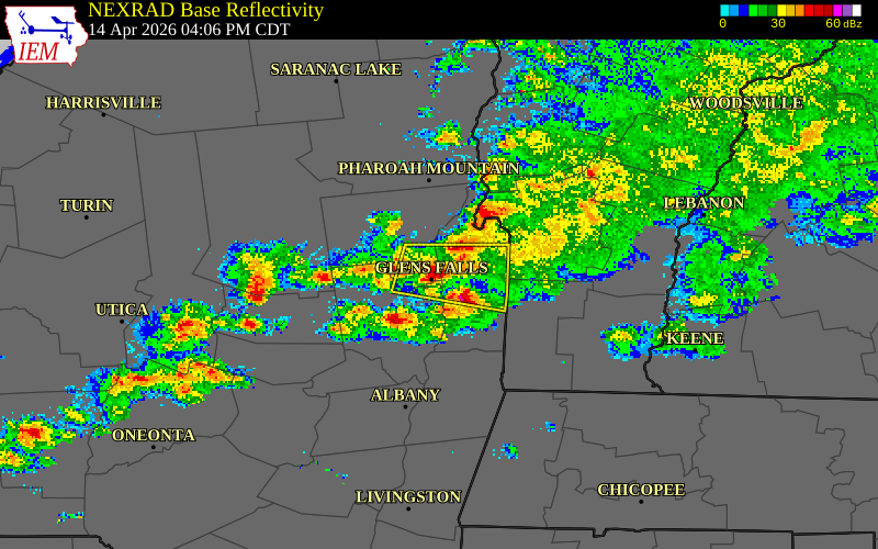 NEXRAD radar during the Tuesday, April 14, 2026 storm activity in Warren County, New York