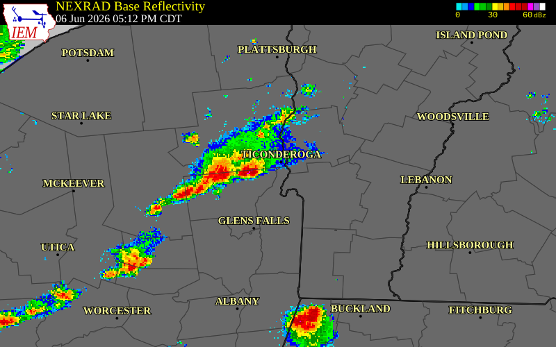 NEXRAD radar during the Saturday, June 6, 2026 storm activity in Warren County, New York