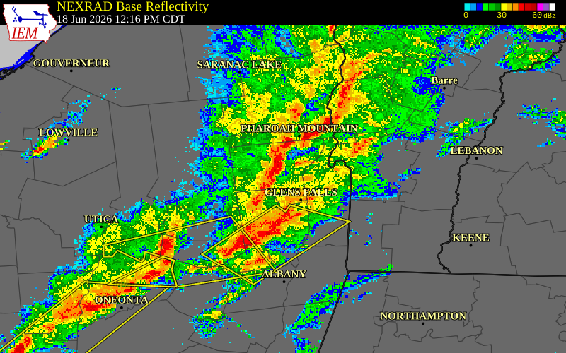 NEXRAD radar during the Thursday, June 18, 2026 storm activity in Warren County, New York