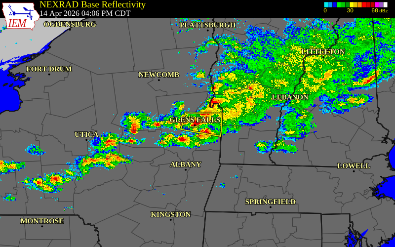 Radar snapshot during the Apr 14, 2026 wind event near 3 NE Glens Falls, Warren County, New York, with NWS warning polygons