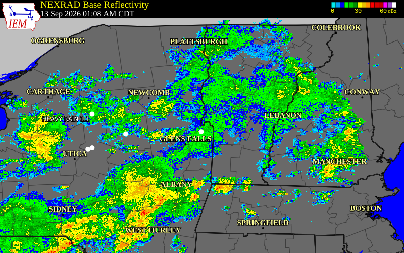 Current NEXRAD radar over Warren County, New York with recent storm report locations